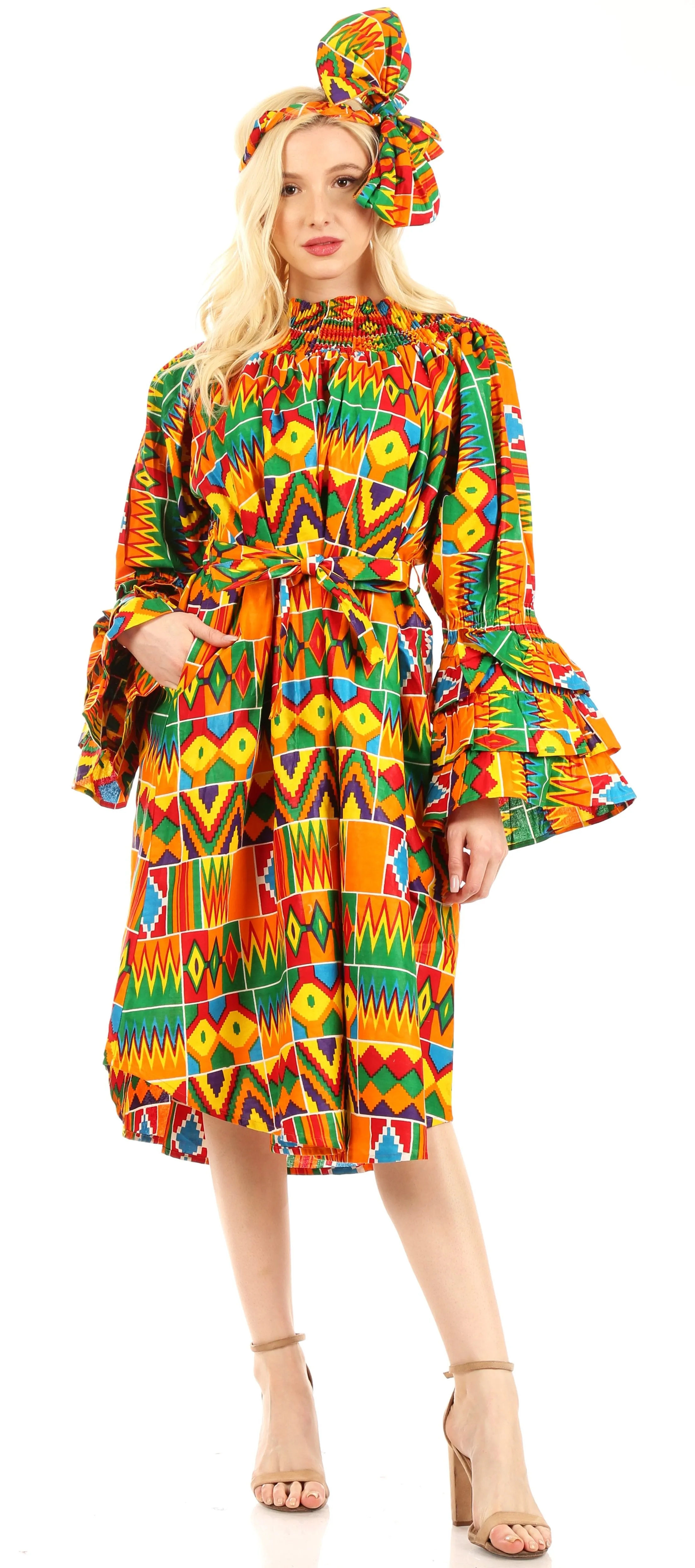 Sakkas Marta Women's Long Sleeve Off Shoulder Cocktail African Dashiki Midi Dress