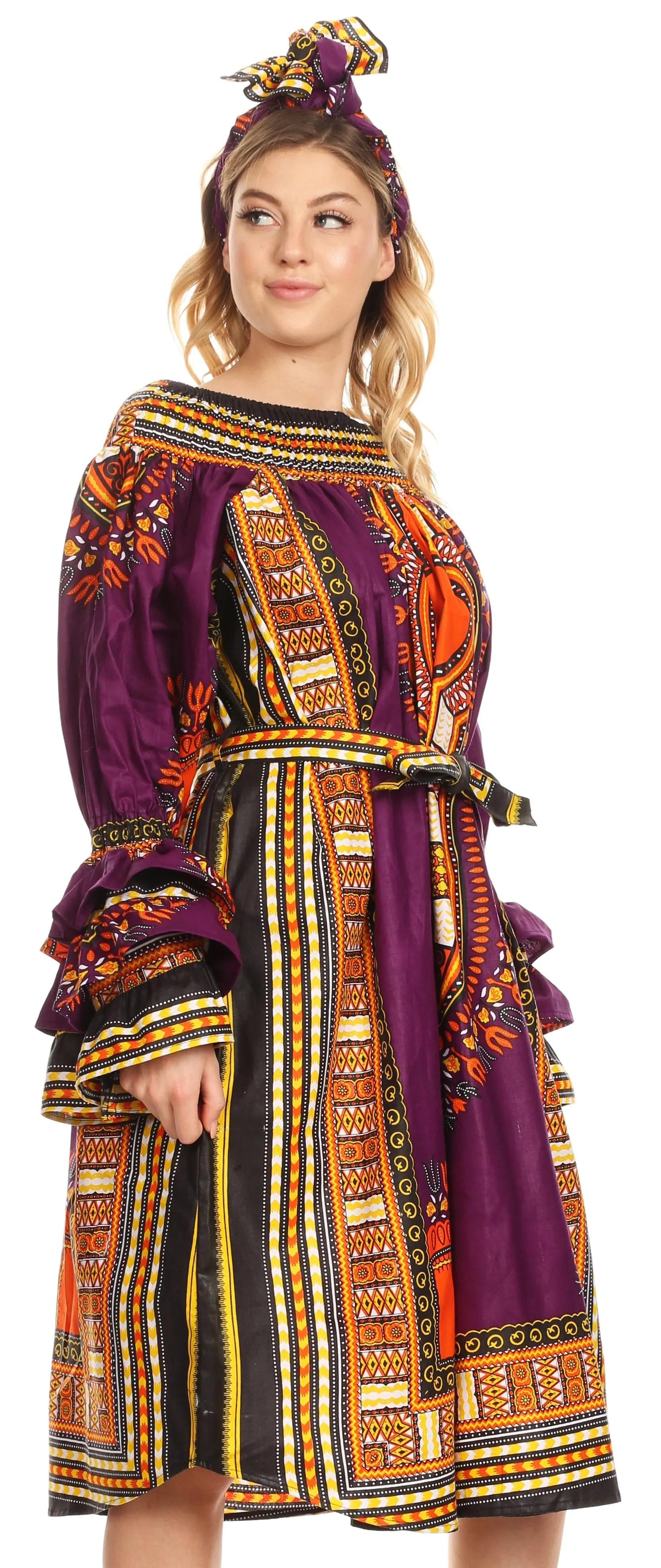 Sakkas Marta Women's Long Sleeve Off Shoulder Cocktail African Dashiki Midi Dress