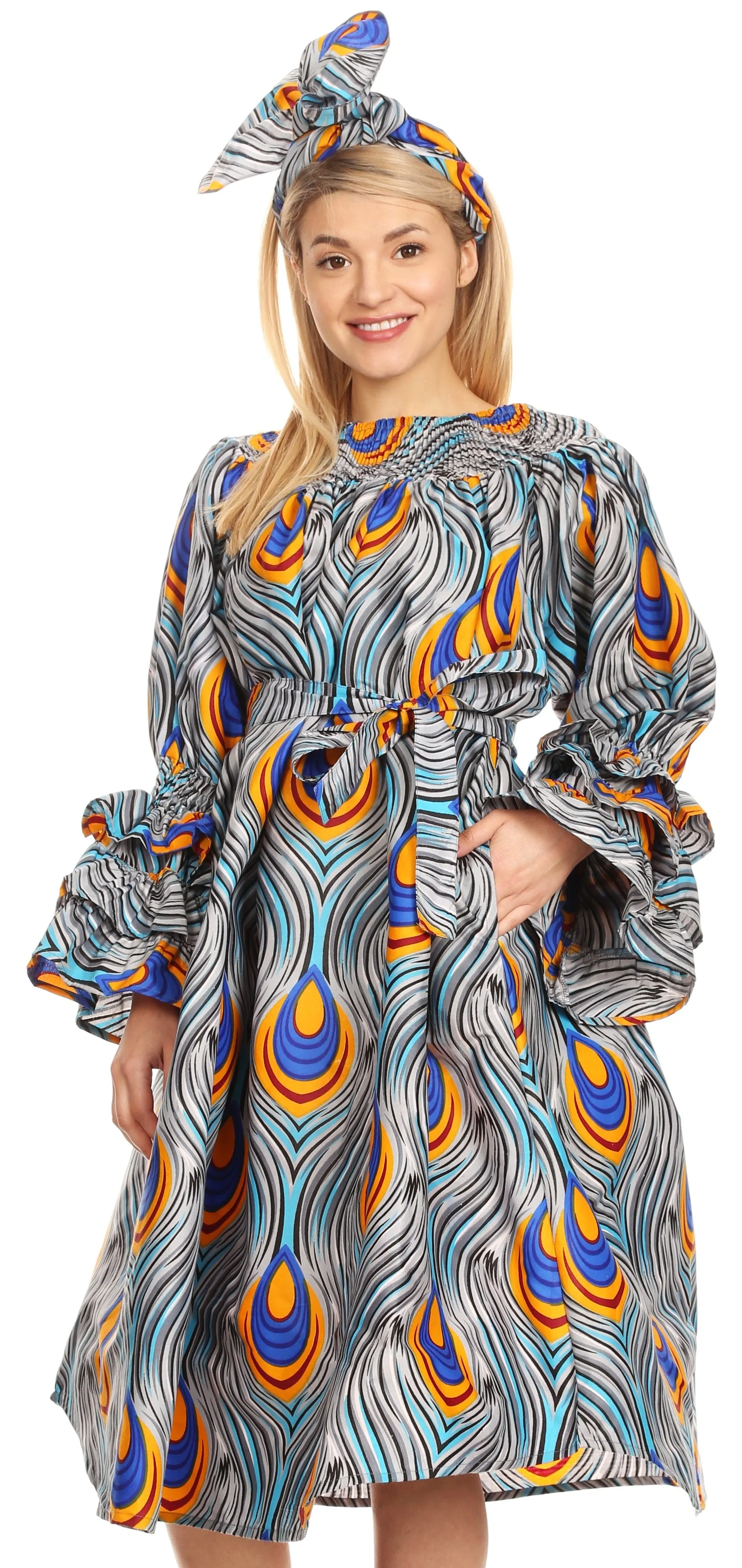 Sakkas Marta Women's Long Sleeve Off Shoulder Cocktail African Dashiki Midi Dress