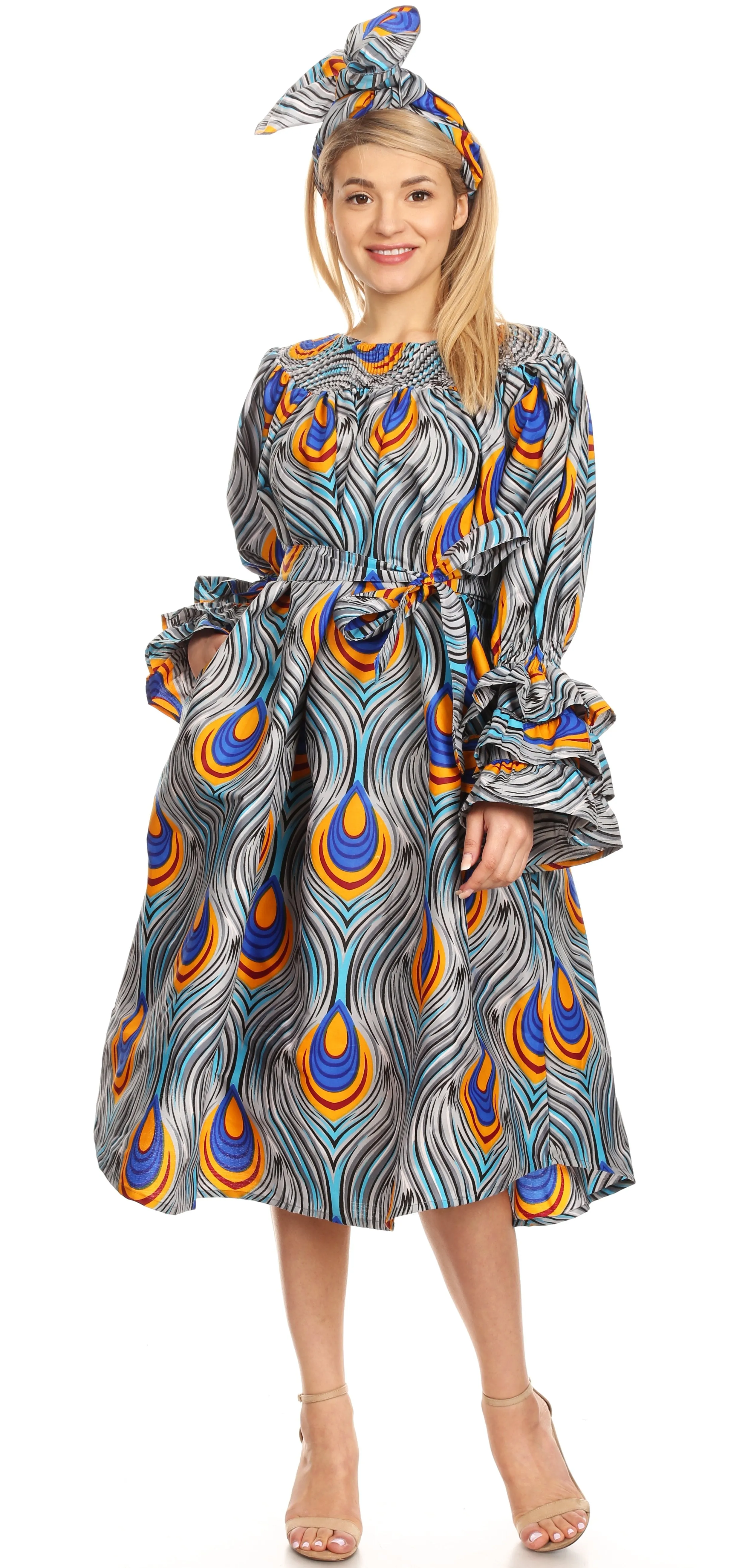 Sakkas Marta Women's Long Sleeve Off Shoulder Cocktail African Dashiki Midi Dress