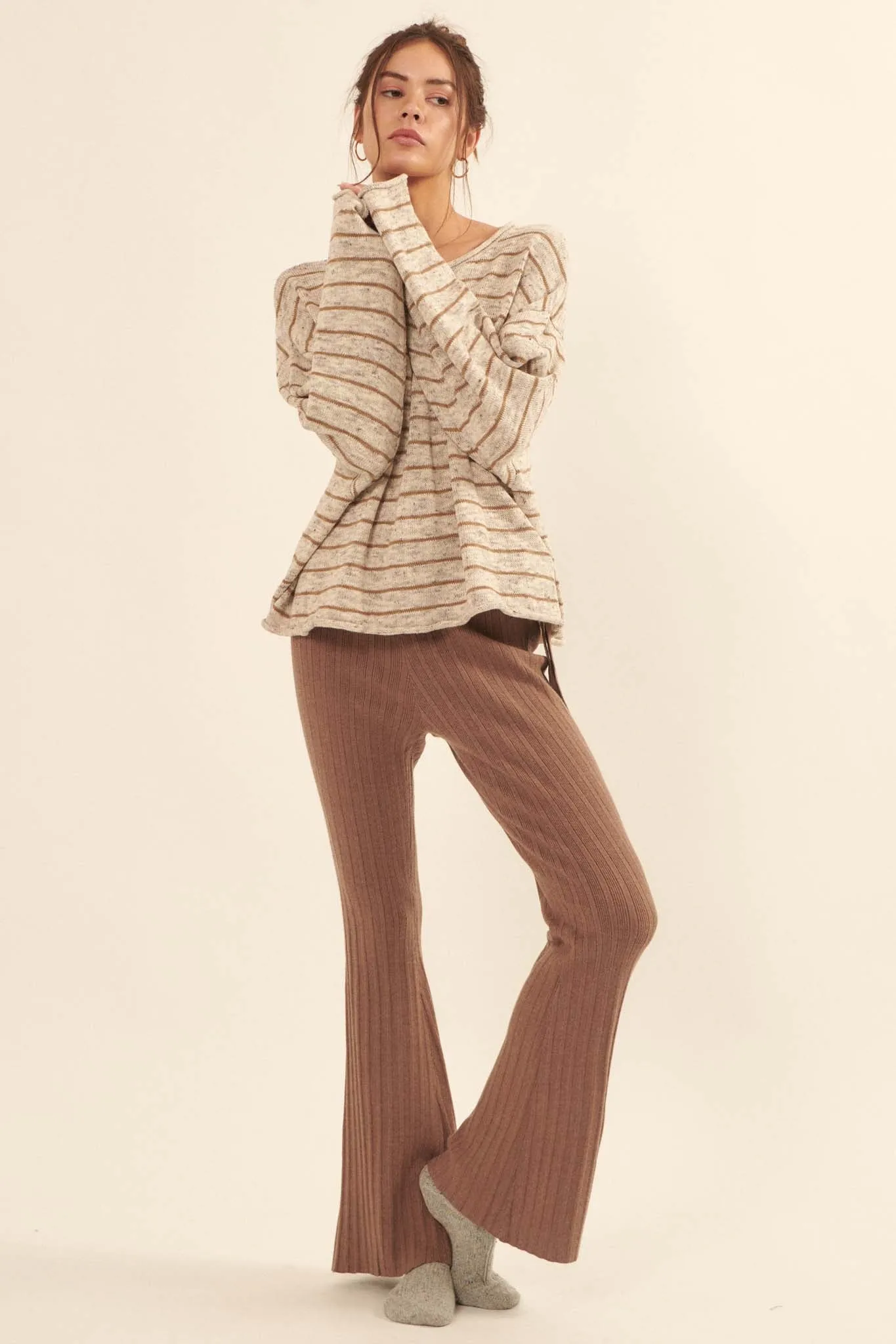 Serene Dreams Tie-Waist Rib-Knit Sweater Pants