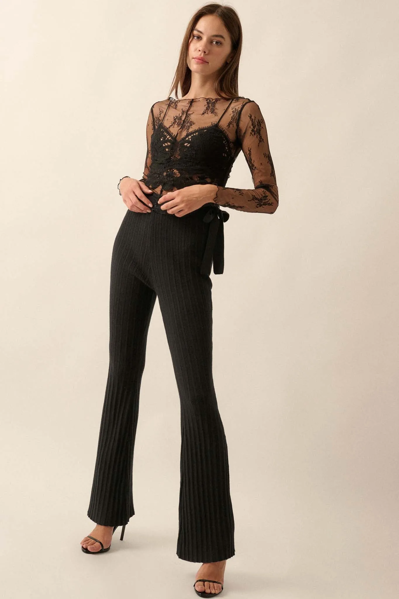 Serene Dreams Tie-Waist Rib-Knit Sweater Pants