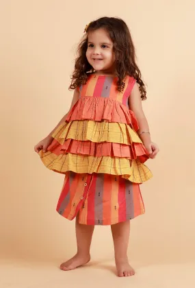 Set of 2:orange Stripe Top With Orange And Multicolor Stripe Skirt