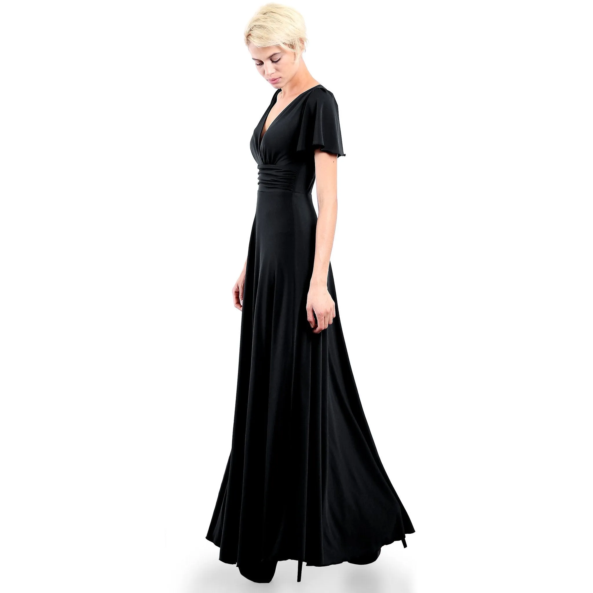 Short Flutter Sleeve V Neck Long Evening Dress