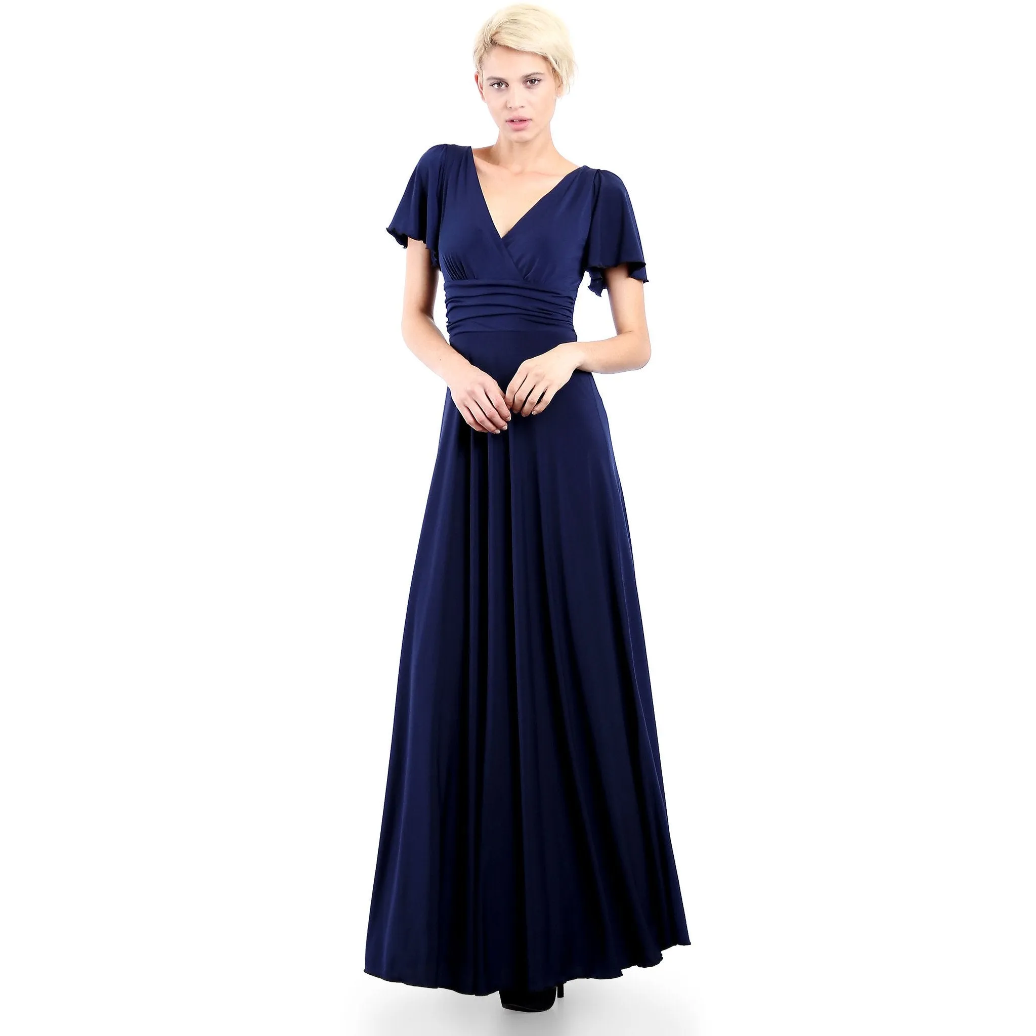 Short Flutter Sleeve V Neck Long Evening Dress