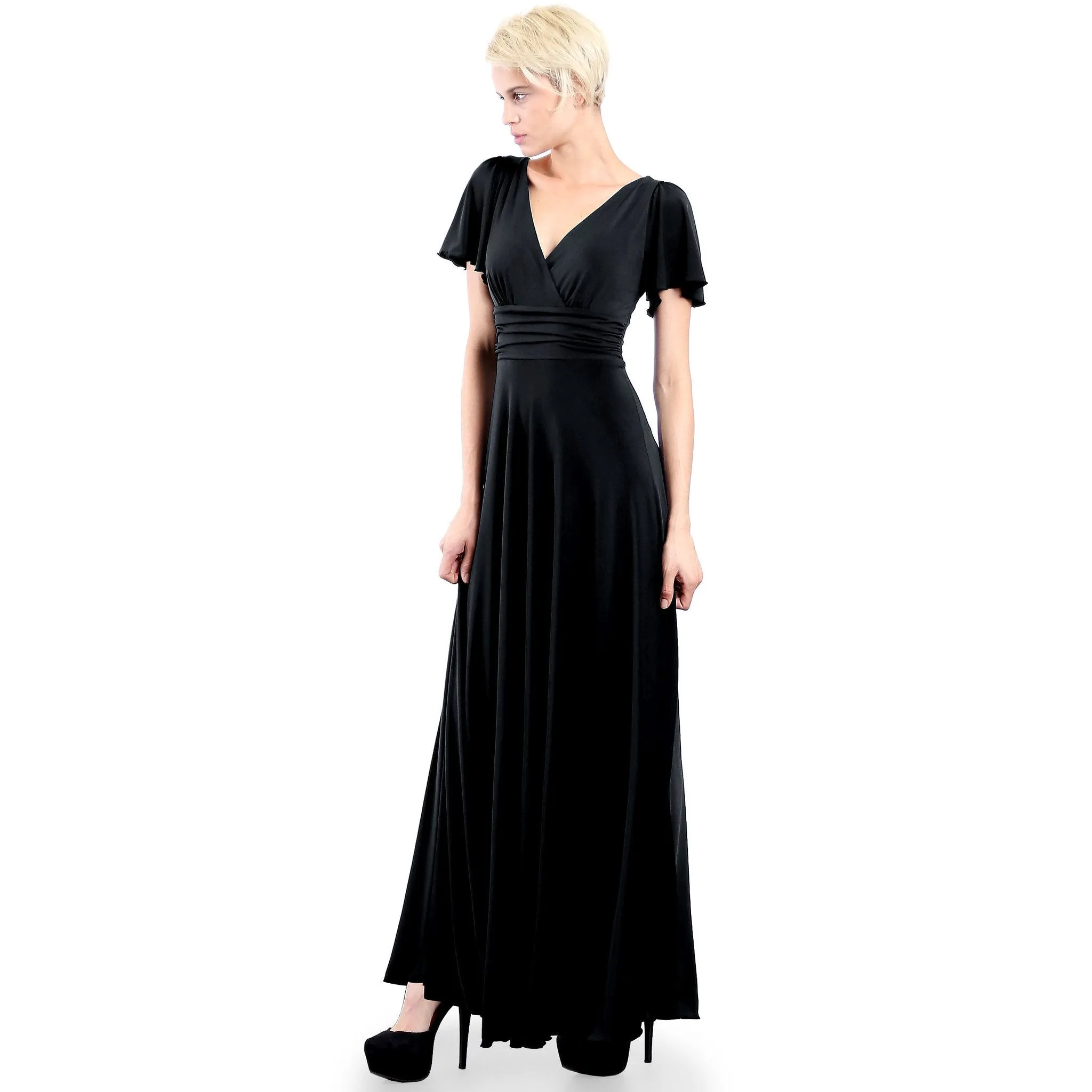 Short Flutter Sleeve V Neck Long Evening Dress