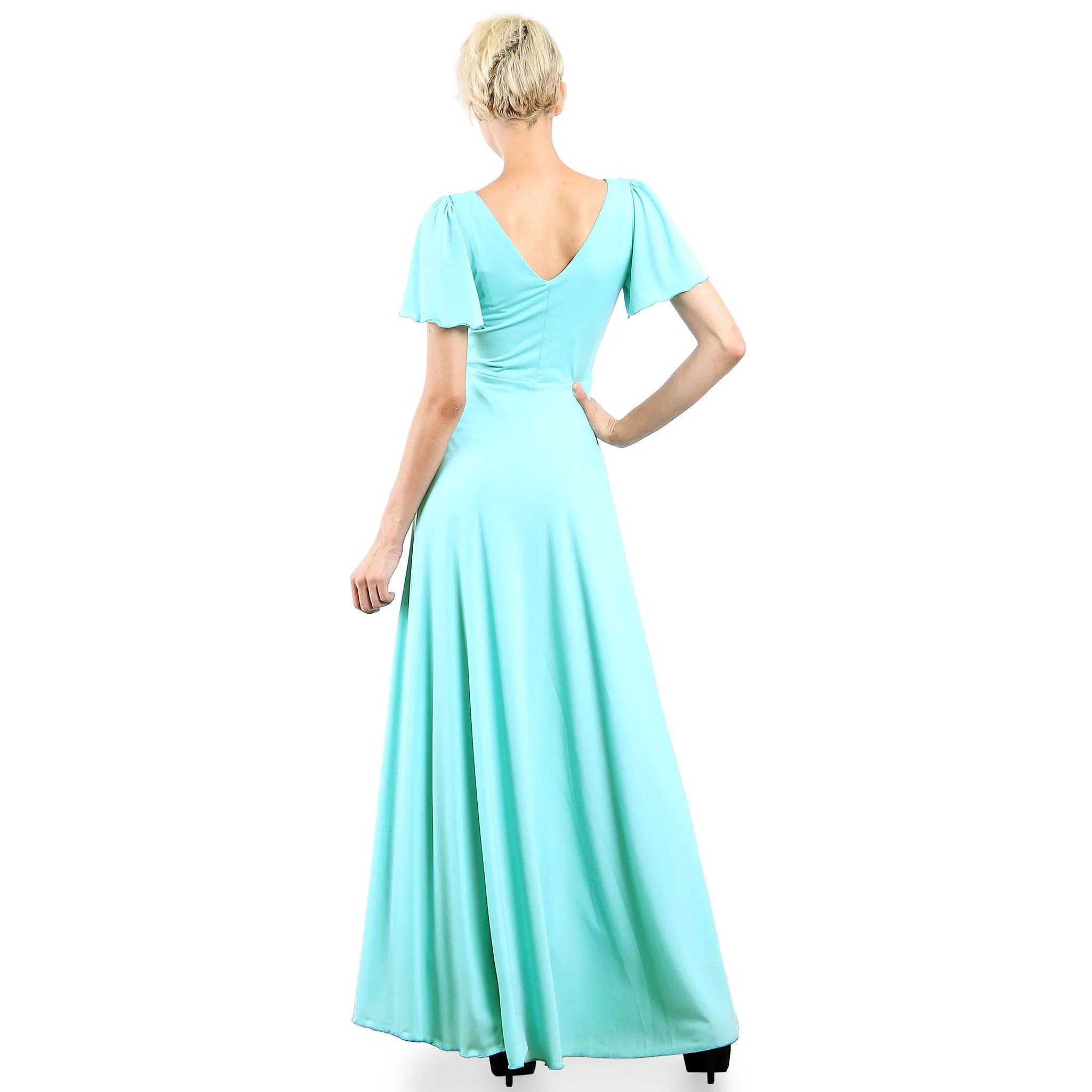 Short Flutter Sleeve V Neck Long Evening Dress