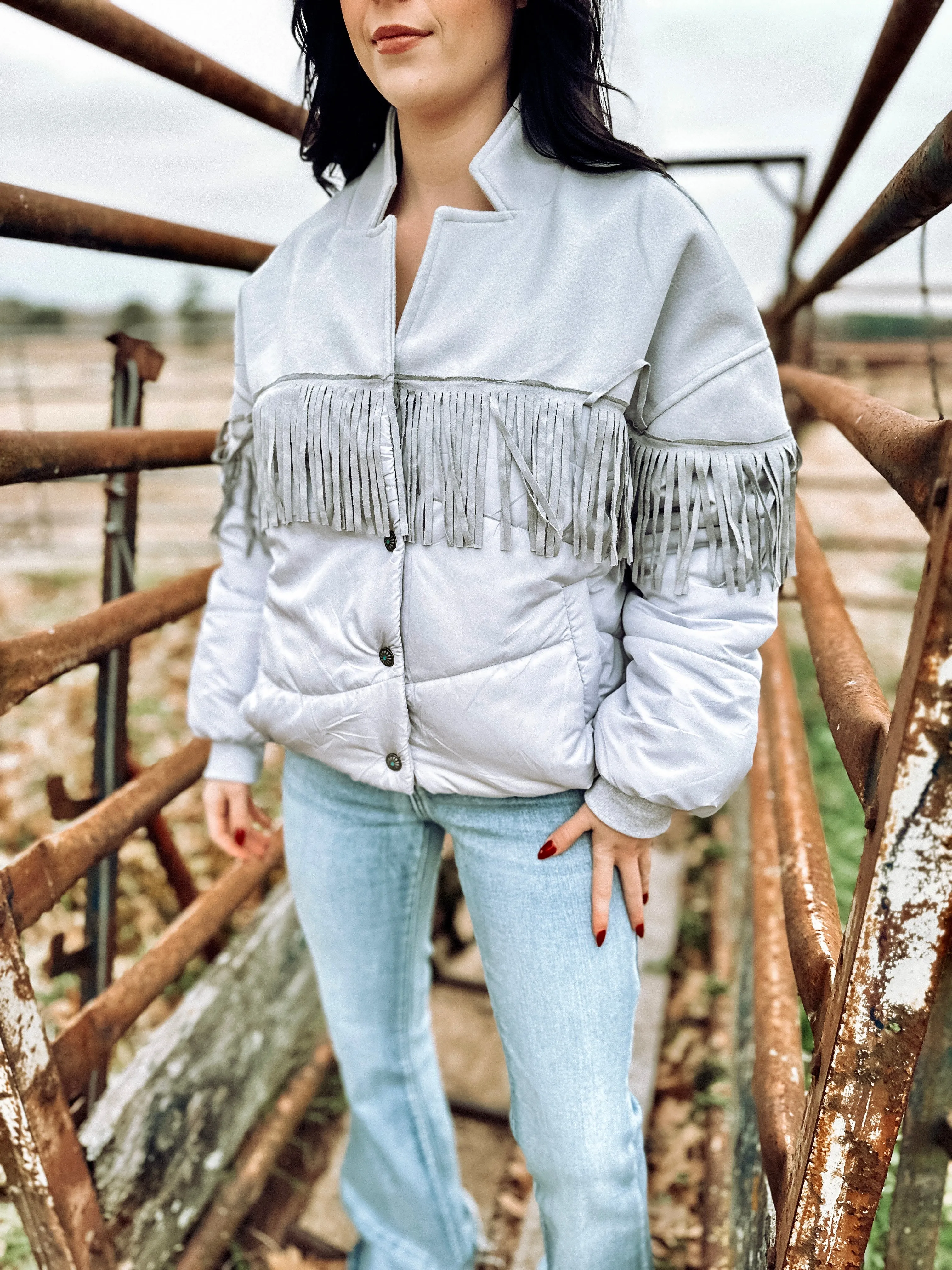 Silver fringe puffer jacket