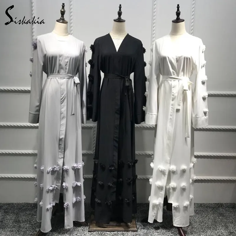 Siskakia Muslim Woman Abaya solid 3D flower Design Cardigan Robes Brief Elegant Muslimah Ramadan Prayer clothing slim sash Tunic