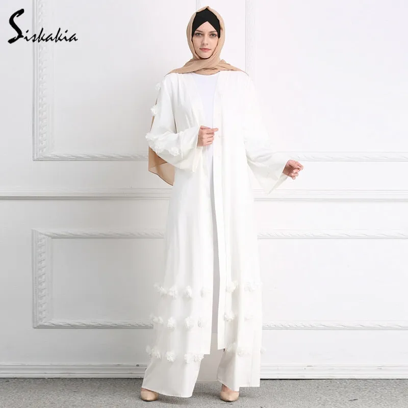 Siskakia Muslim Woman Abaya solid 3D flower Design Cardigan Robes Brief Elegant Muslimah Ramadan Prayer clothing slim sash Tunic