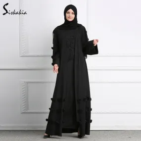 Siskakia Muslim Woman Abaya solid 3D flower Design Cardigan Robes Brief Elegant Muslimah Ramadan Prayer clothing slim sash Tunic