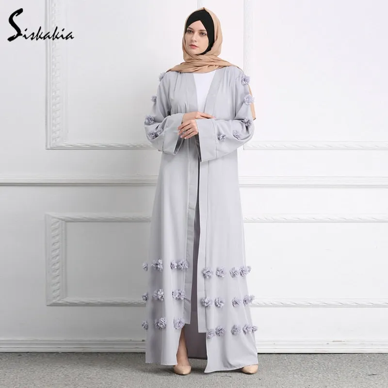 Siskakia Muslim Woman Abaya solid 3D flower Design Cardigan Robes Brief Elegant Muslimah Ramadan Prayer clothing slim sash Tunic