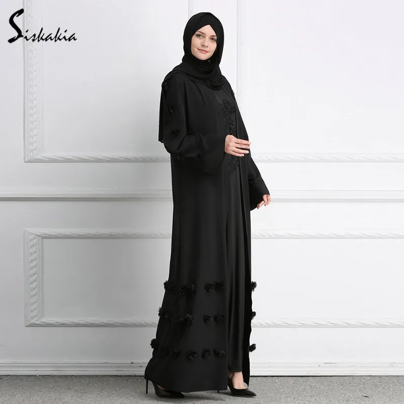 Siskakia Muslim Woman Abaya solid 3D flower Design Cardigan Robes Brief Elegant Muslimah Ramadan Prayer clothing slim sash Tunic