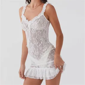 Sleeveless Lace Mesh See Through Backless Ruffles Clubwear Dress