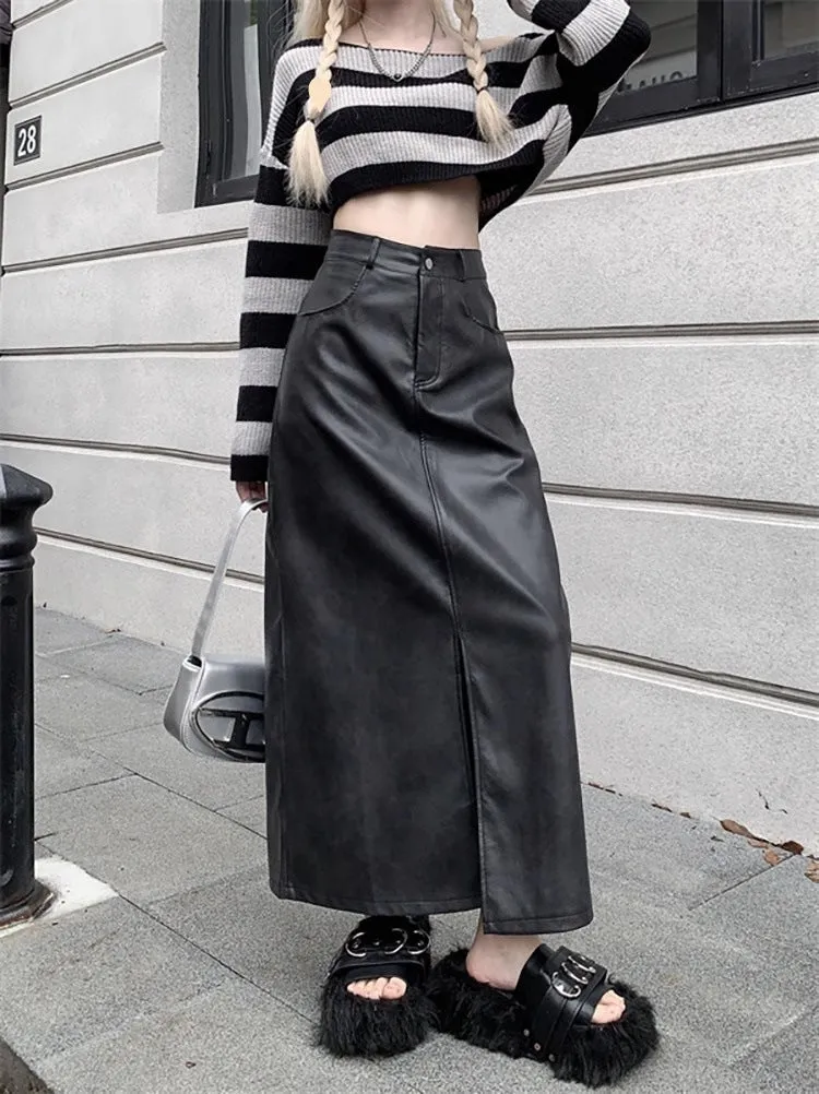 Slit PU high waist half retro long skirt