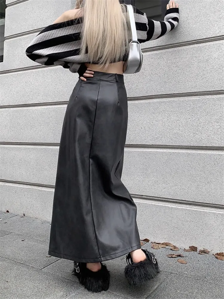 Slit PU high waist half retro long skirt