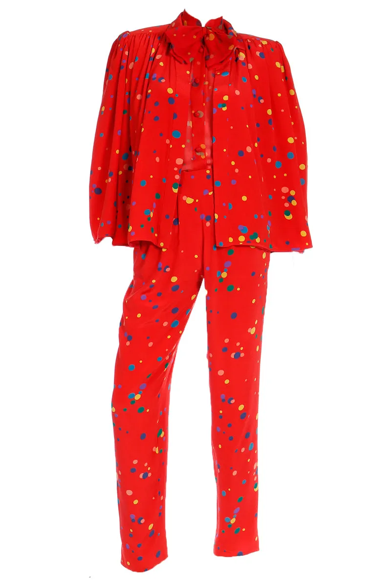 S/S 1979 Valentino Couture 3pc Red Polka Dot Silk Pants Blouse & Jacket