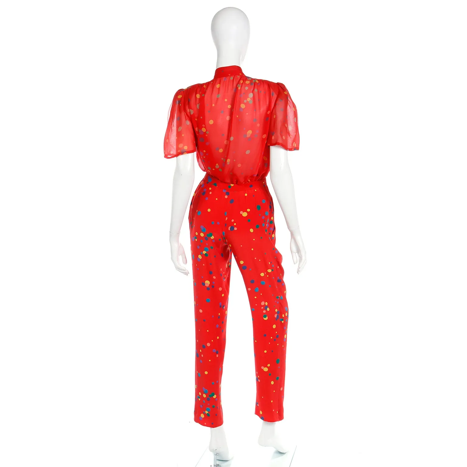 S/S 1979 Valentino Couture 3pc Red Polka Dot Silk Pants Blouse & Jacket