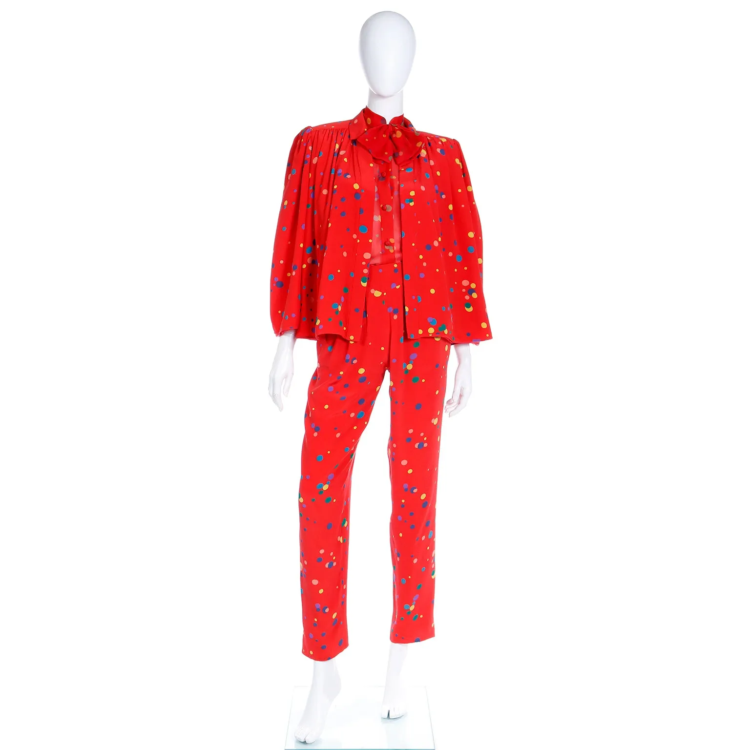 S/S 1979 Valentino Couture 3pc Red Polka Dot Silk Pants Blouse & Jacket