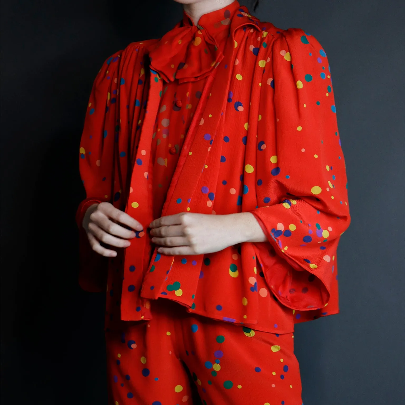 S/S 1979 Valentino Couture 3pc Red Polka Dot Silk Pants Blouse & Jacket