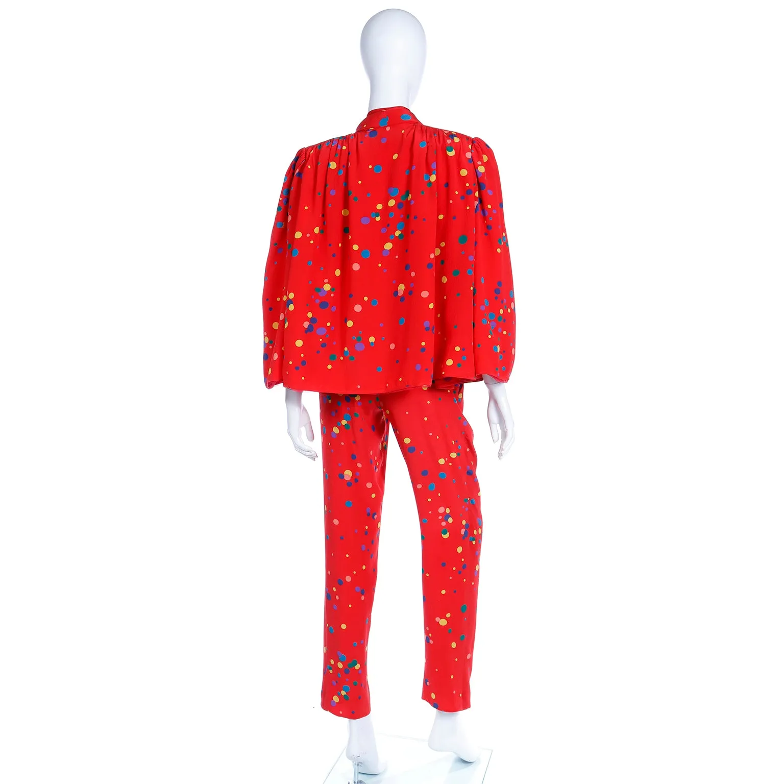 S/S 1979 Valentino Couture 3pc Red Polka Dot Silk Pants Blouse & Jacket