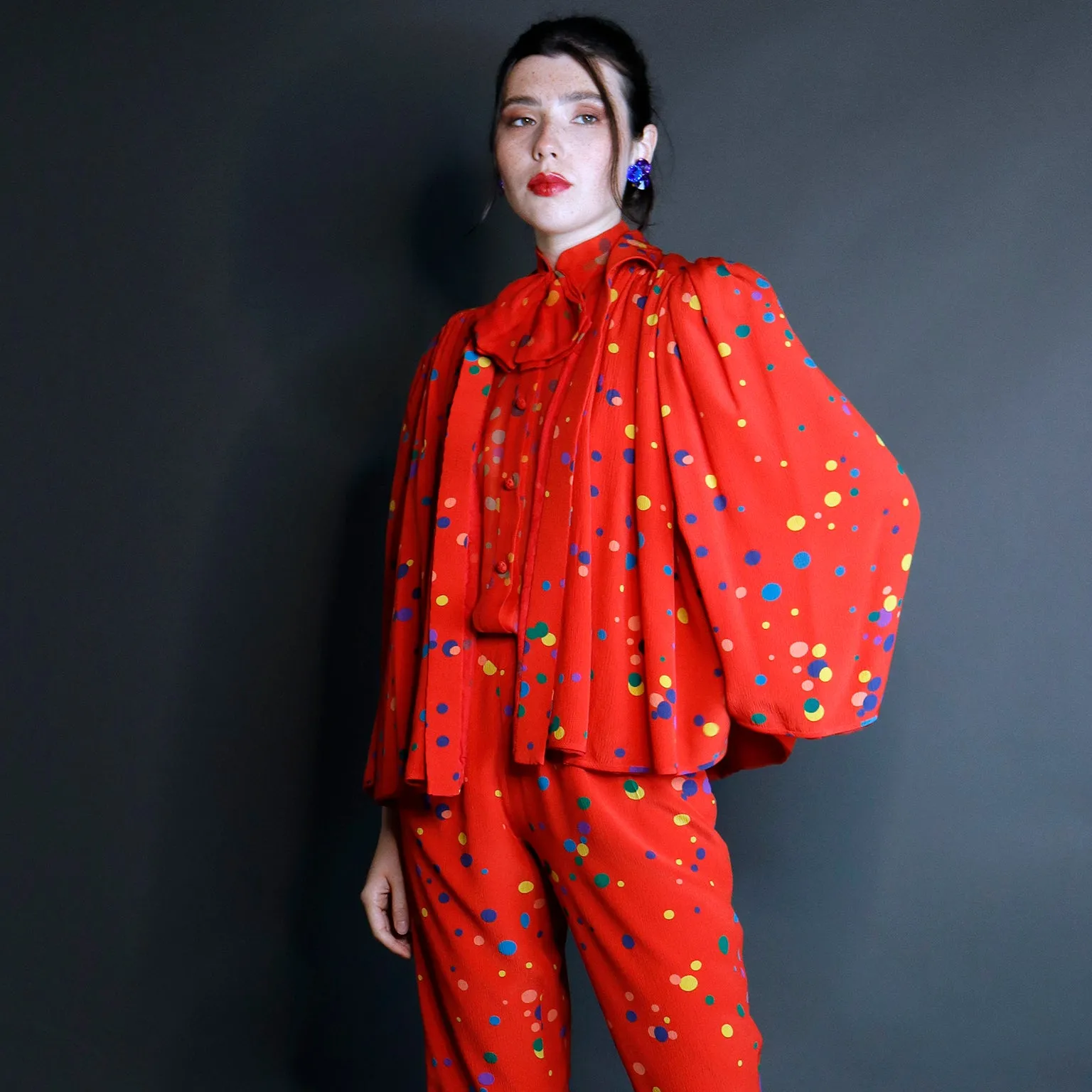 S/S 1979 Valentino Couture 3pc Red Polka Dot Silk Pants Blouse & Jacket