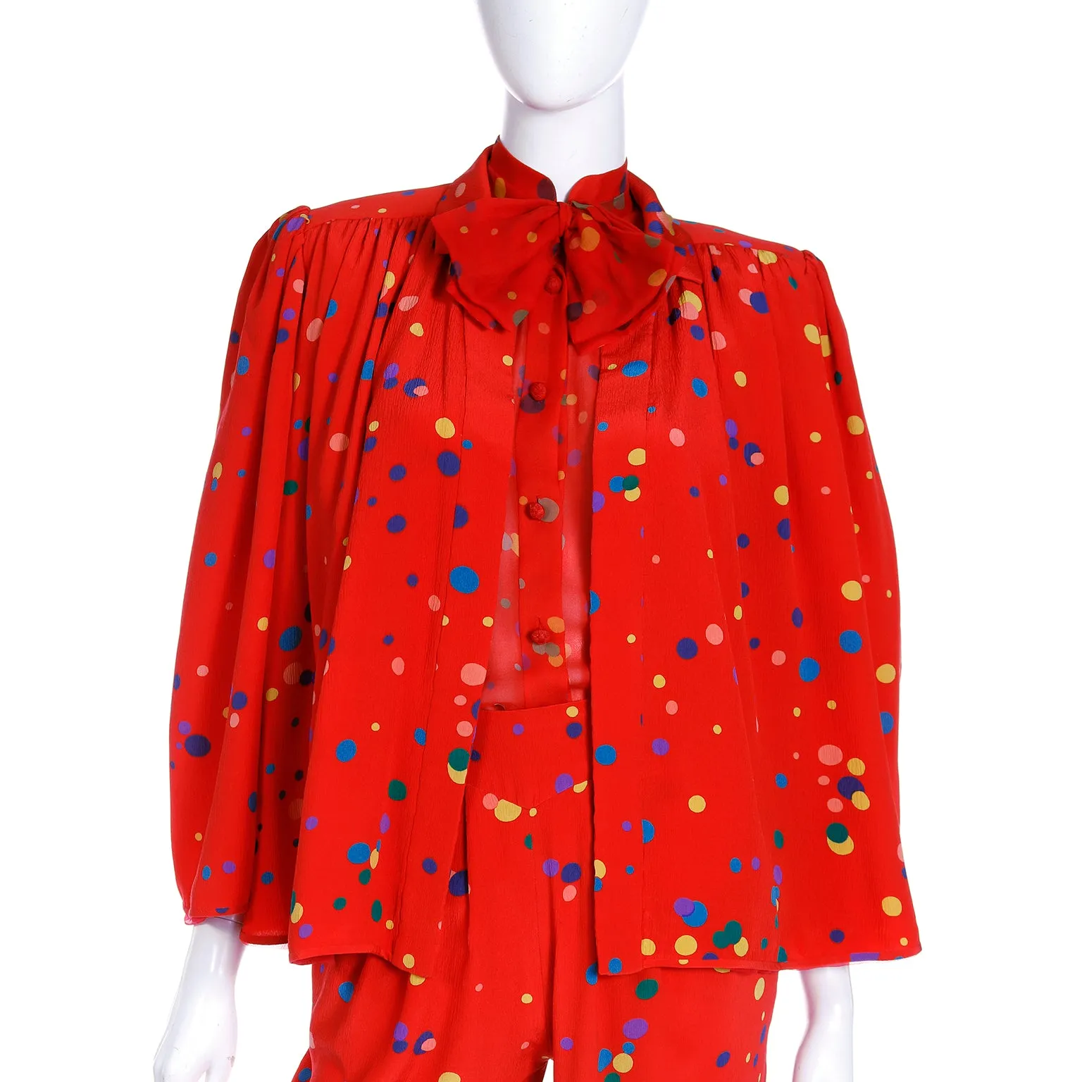 S/S 1979 Valentino Couture 3pc Red Polka Dot Silk Pants Blouse & Jacket