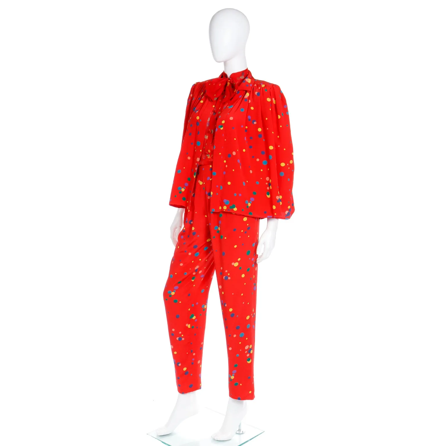 S/S 1979 Valentino Couture 3pc Red Polka Dot Silk Pants Blouse & Jacket