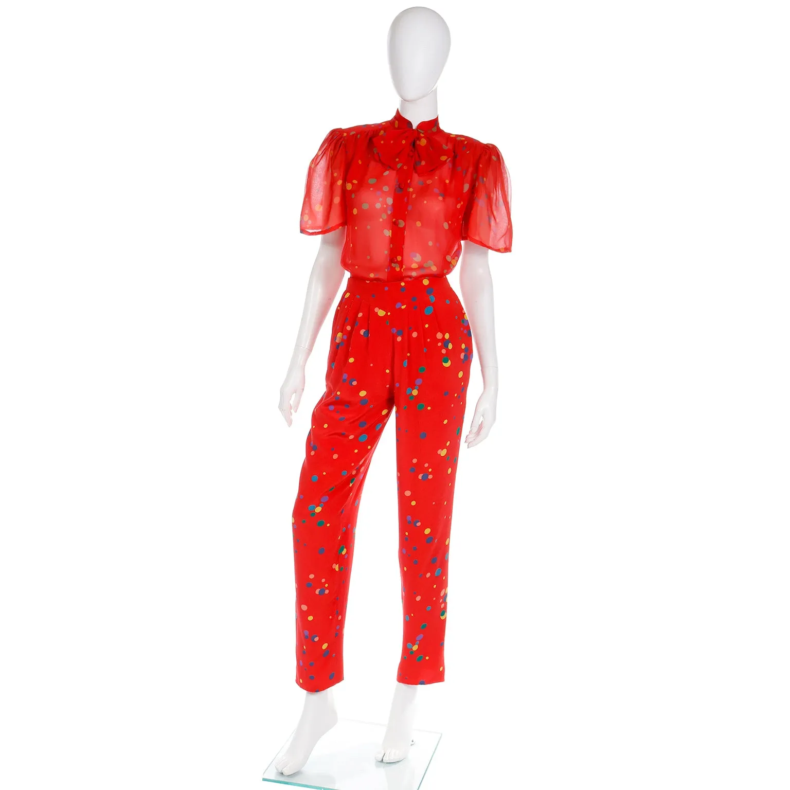 S/S 1979 Valentino Couture 3pc Red Polka Dot Silk Pants Blouse & Jacket