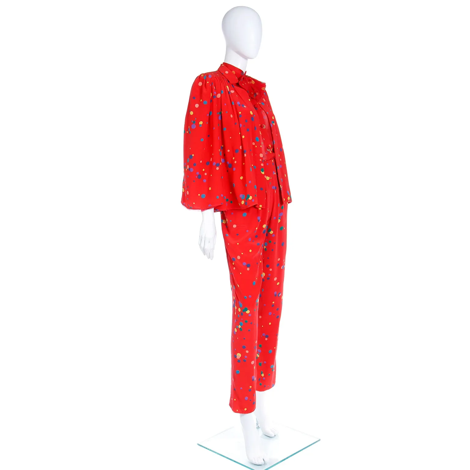 S/S 1979 Valentino Couture 3pc Red Polka Dot Silk Pants Blouse & Jacket