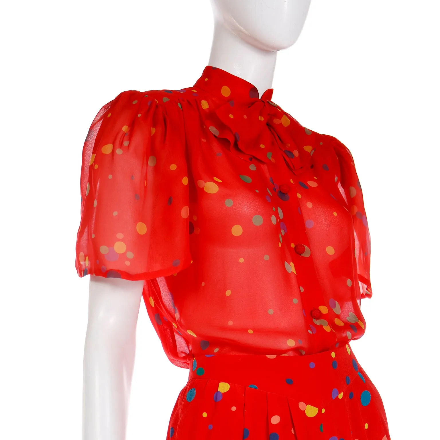 S/S 1979 Valentino Couture 3pc Red Polka Dot Silk Pants Blouse & Jacket