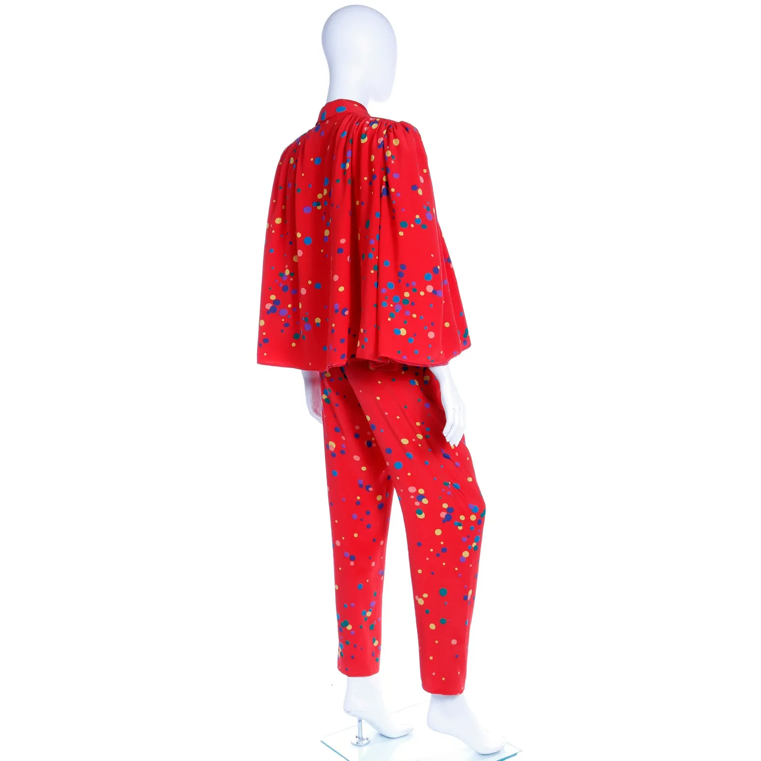 S/S 1979 Valentino Couture 3pc Red Polka Dot Silk Pants Blouse & Jacket