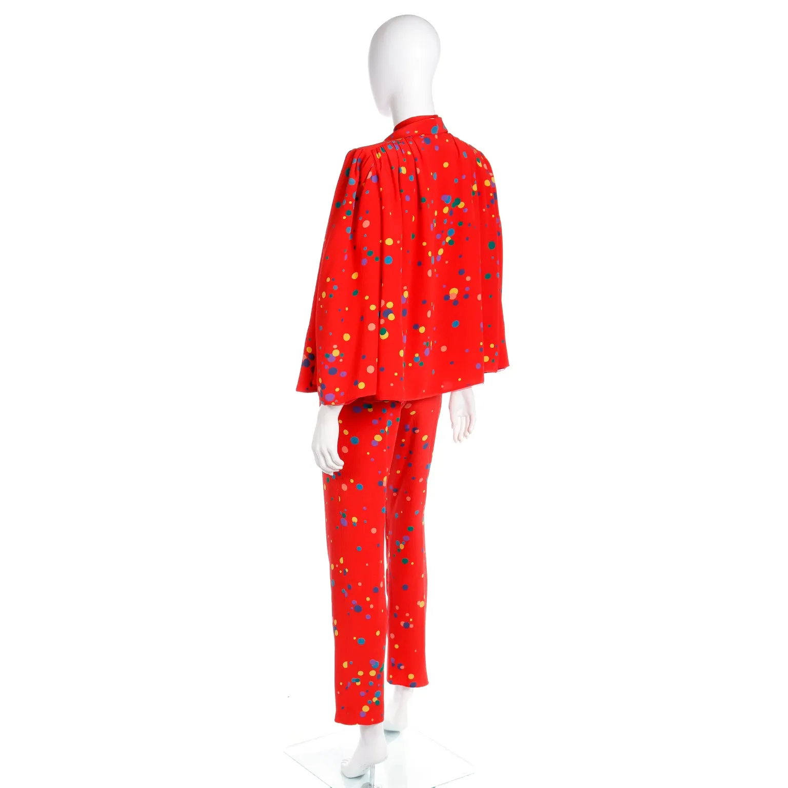 S/S 1979 Valentino Couture 3pc Red Polka Dot Silk Pants Blouse & Jacket