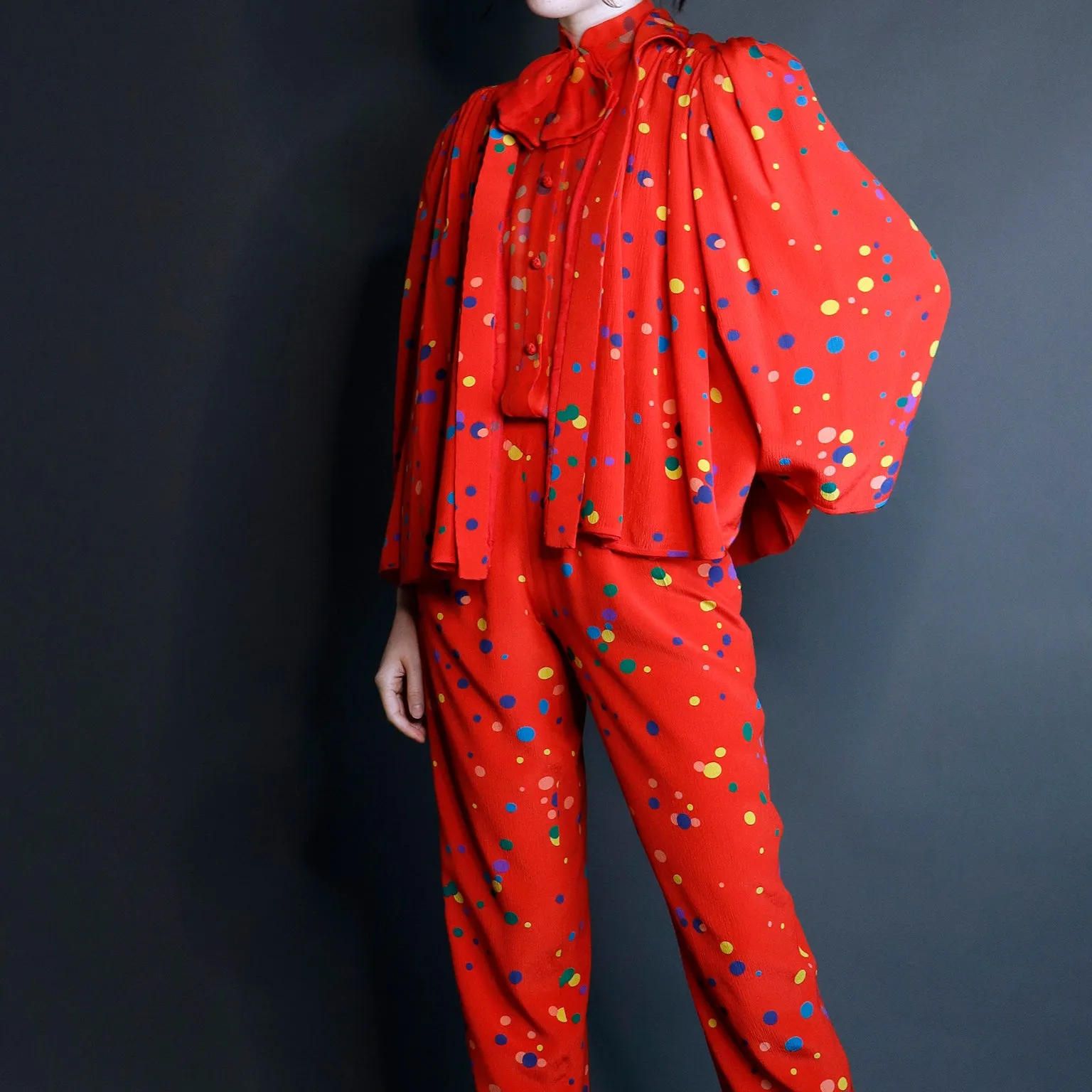 S/S 1979 Valentino Couture 3pc Red Polka Dot Silk Pants Blouse & Jacket