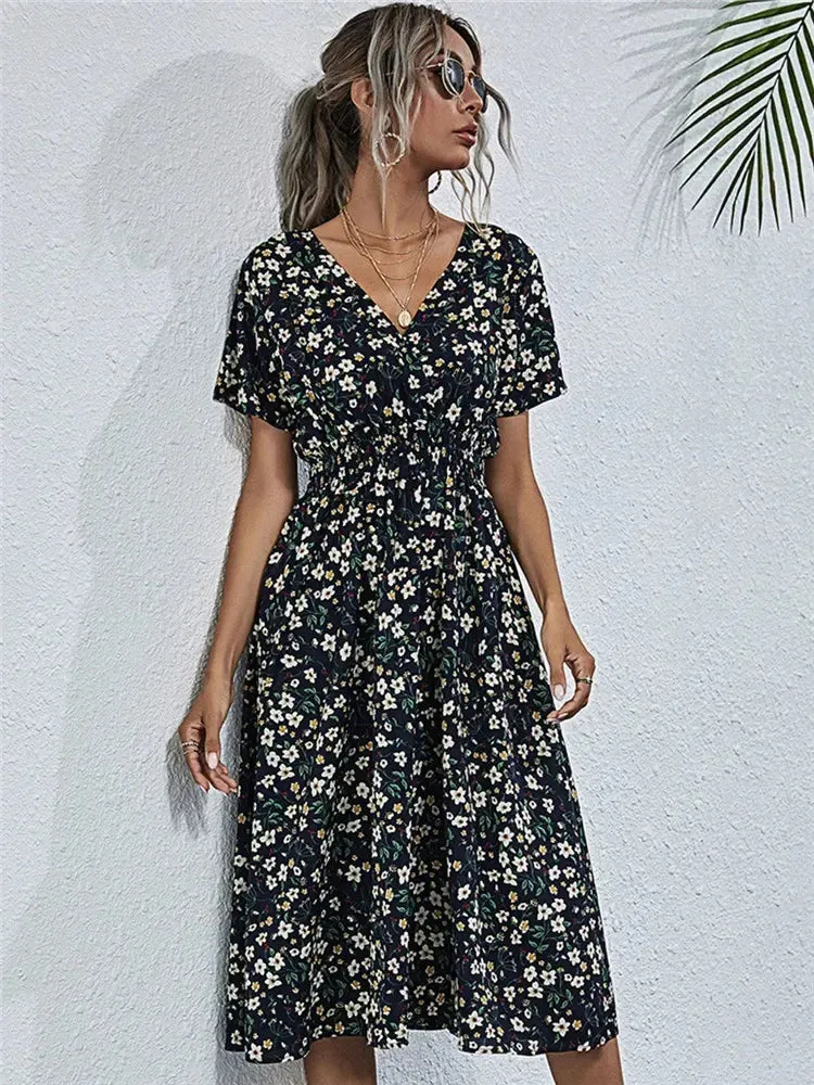 Summer Floral Blue Sleeveless Midi Dress