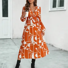 Summer Women Midi Dress 2024 New V-Neck Full Lantern Sleeve Print High Waist A-line Midi Dress