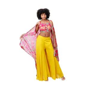 Sunny Chic - Yellow Crop Top, Palazzo Pants, and Jacket Ensemble