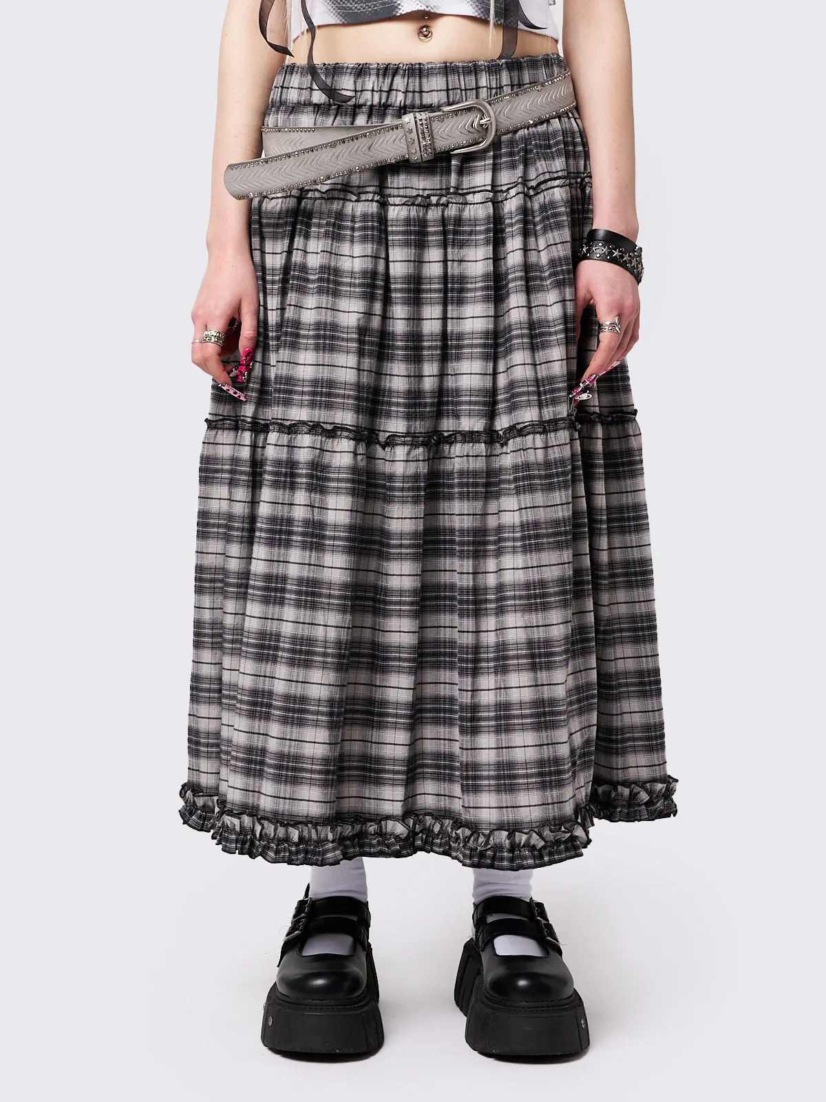 Tiana Checkered Ruffled Maxi Skirt