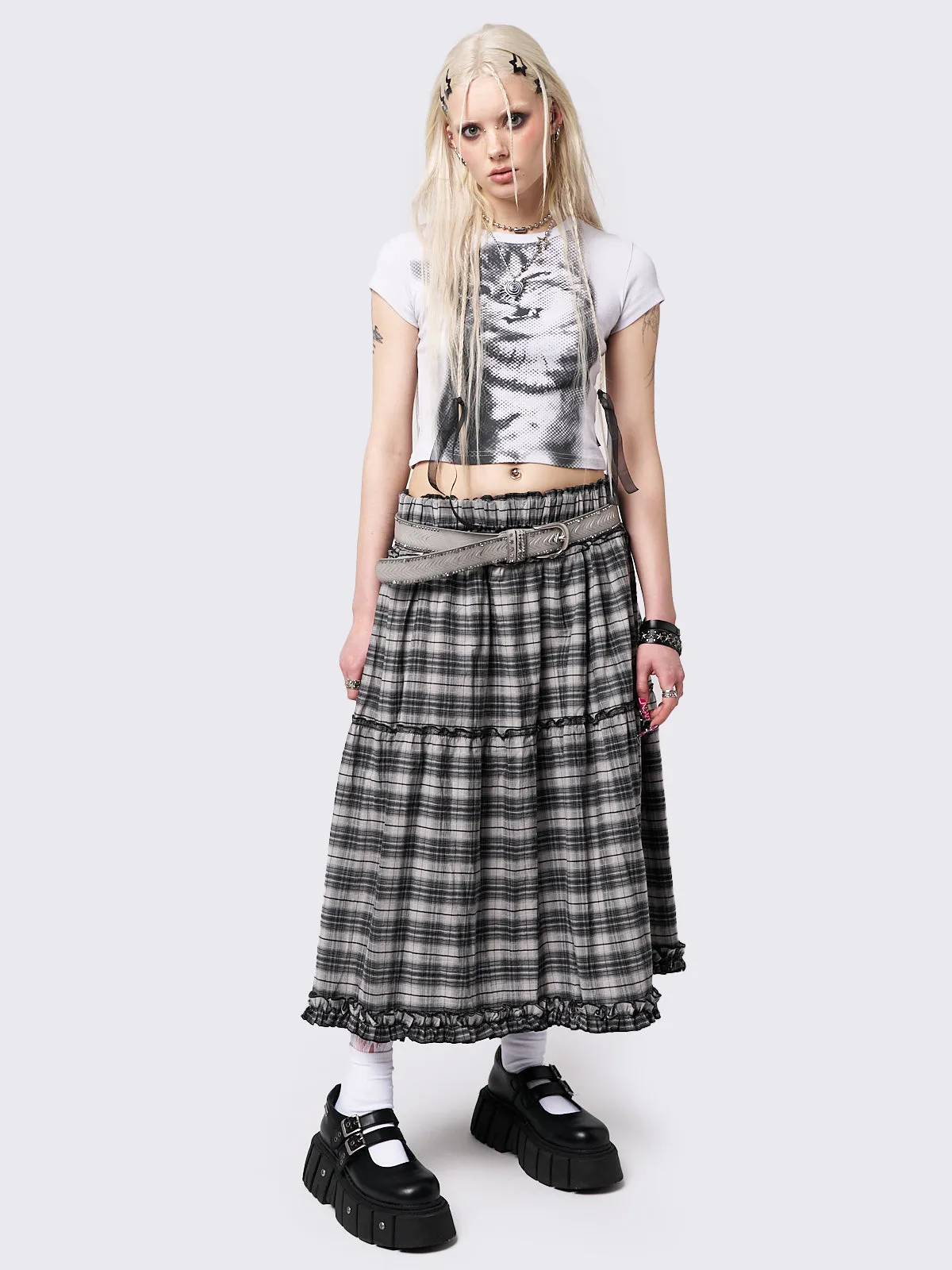 Tiana Checkered Ruffled Maxi Skirt