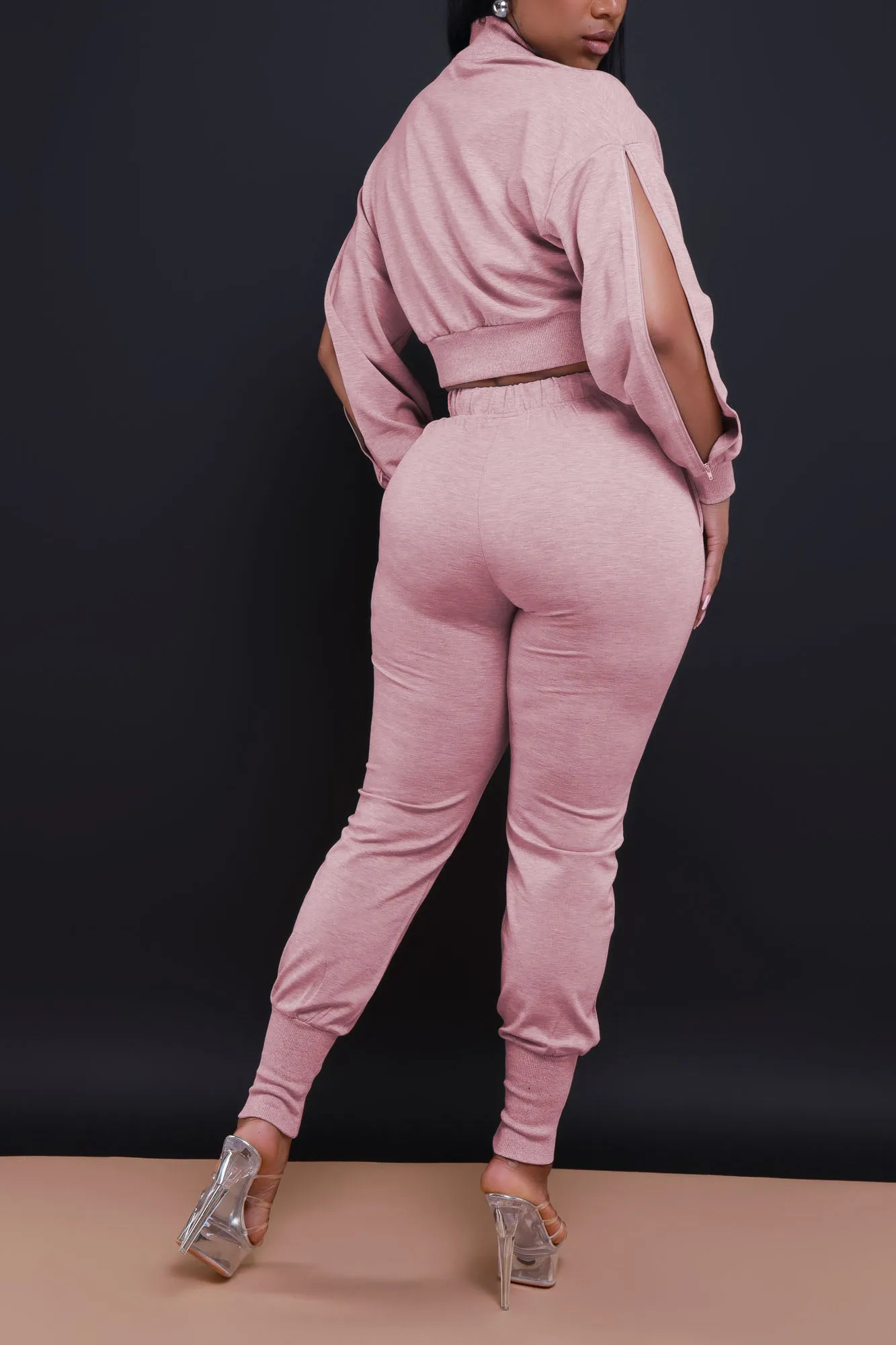 Top Priority Zippered Cropped Jogger Set - Salmon Pink