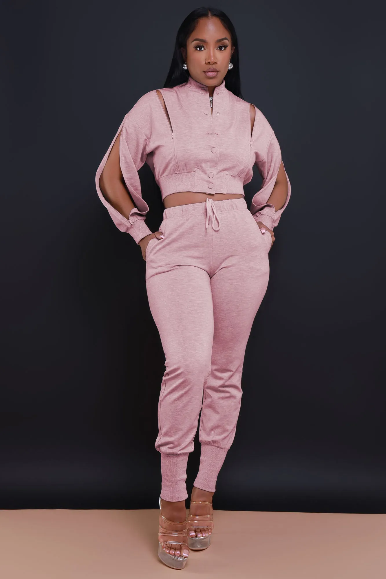 Top Priority Zippered Cropped Jogger Set - Salmon Pink