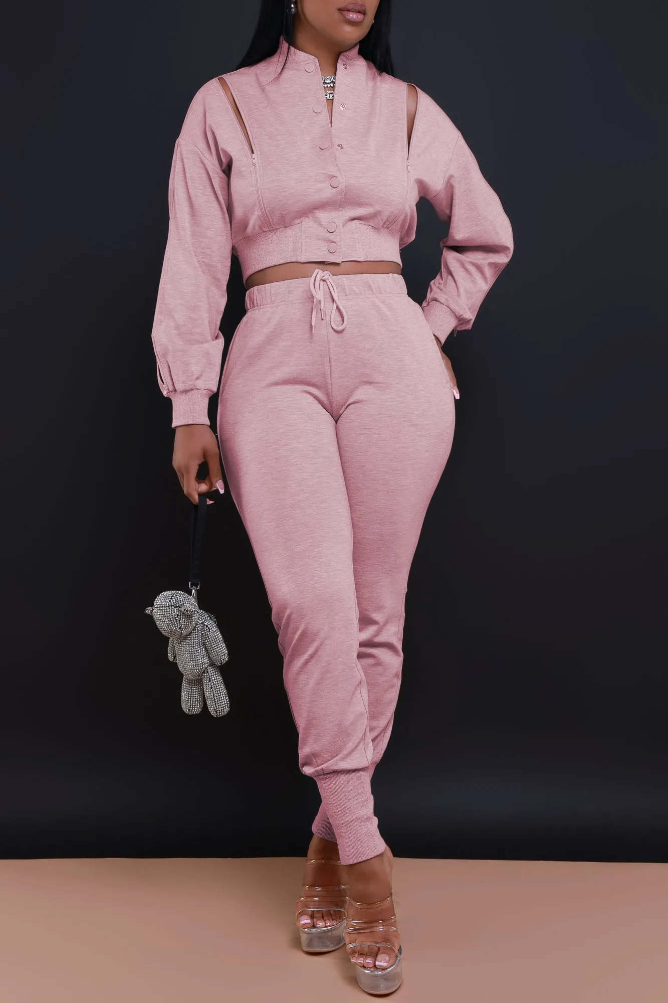 Top Priority Zippered Cropped Jogger Set - Salmon Pink