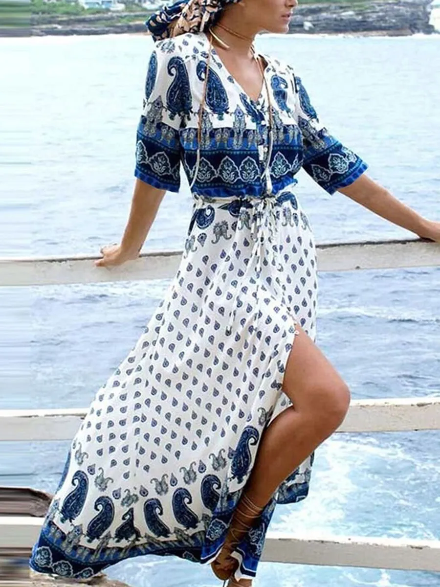 V-Neck Printed Bohemian Dress