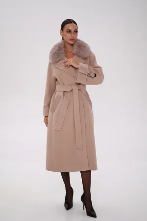 Vienna Genuine Polar Fox Trim Belted Cashmere Wool Coat