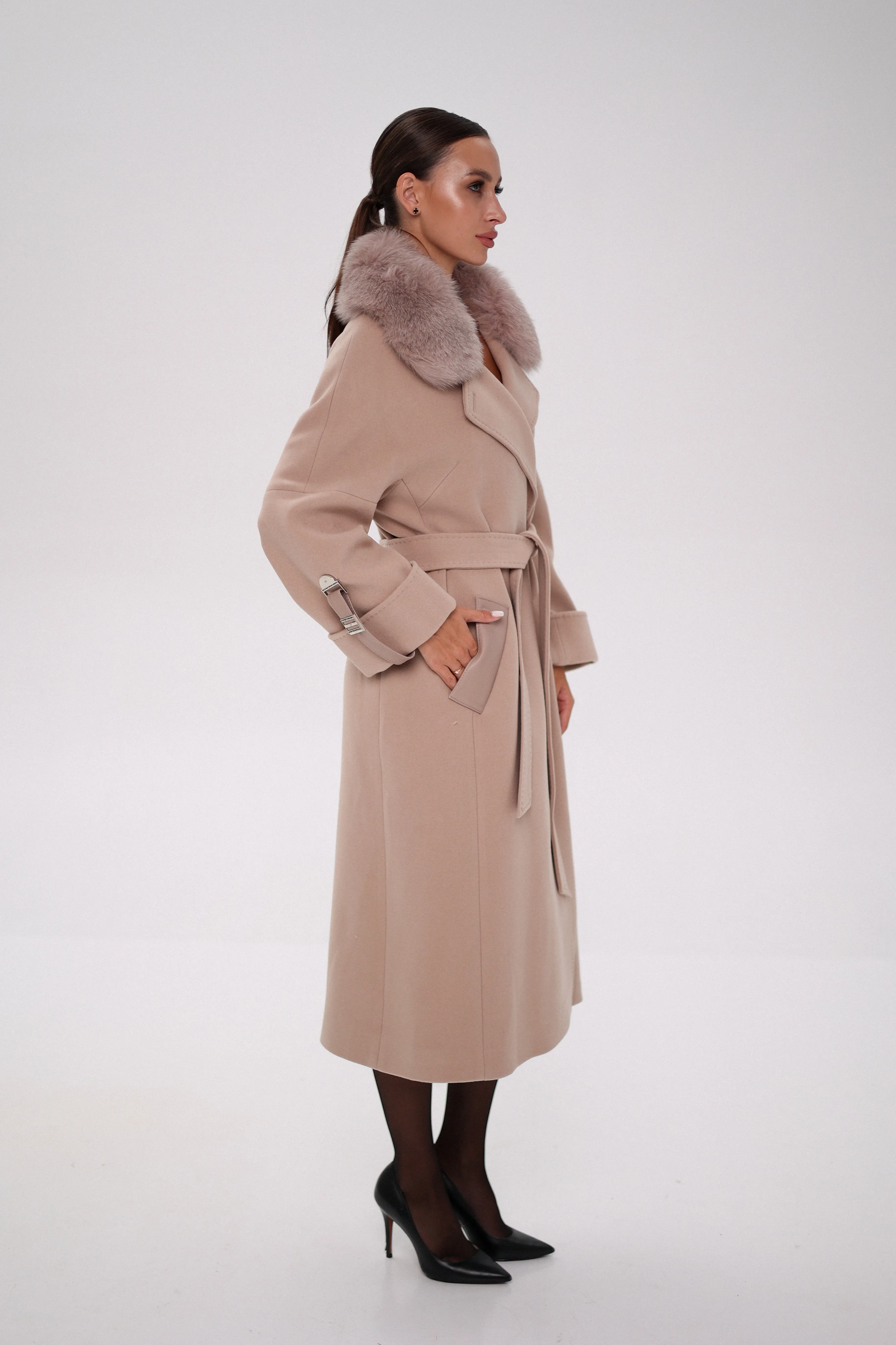 Vienna Genuine Polar Fox Trim Belted Cashmere Wool Coat