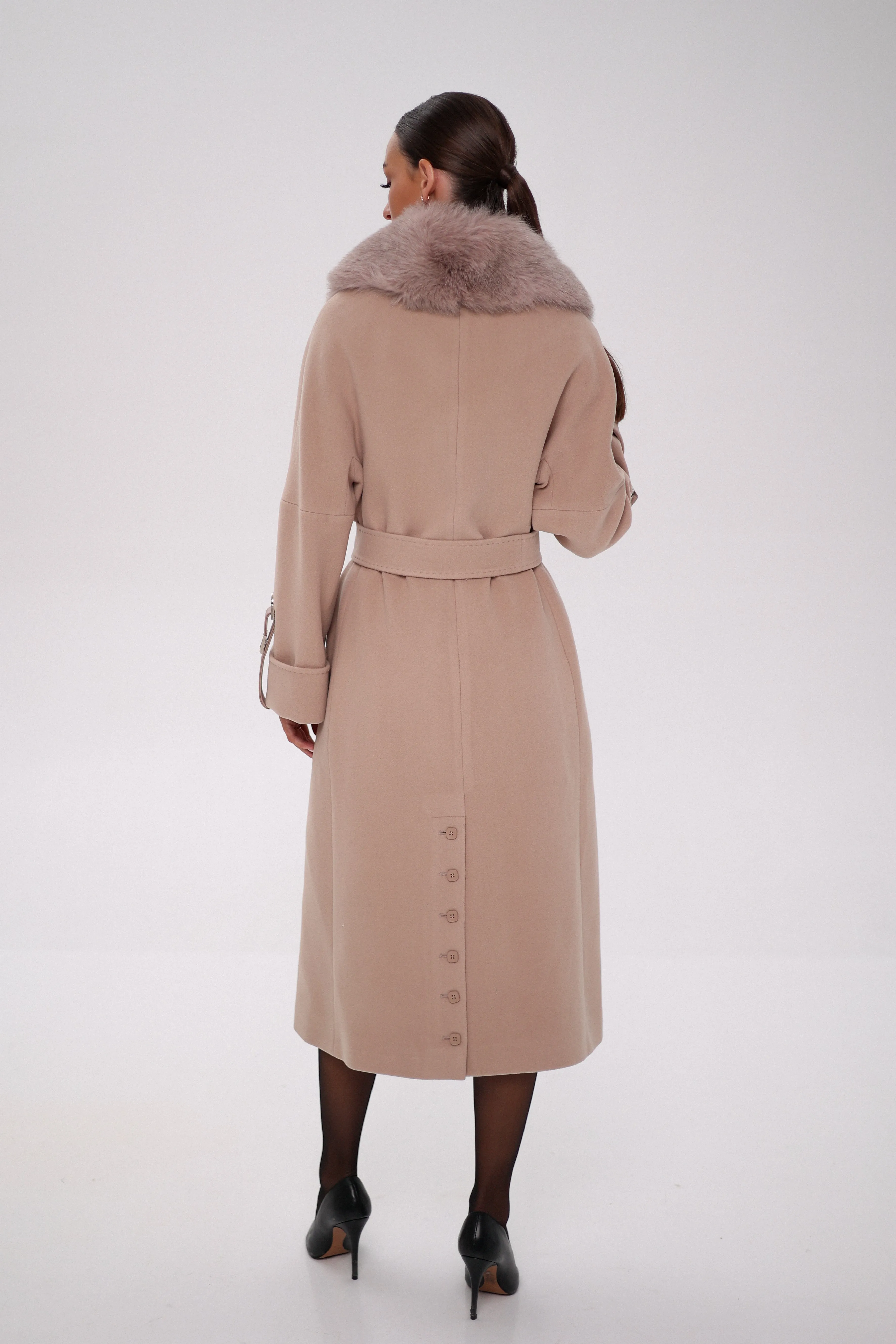 Vienna Genuine Polar Fox Trim Belted Cashmere Wool Coat