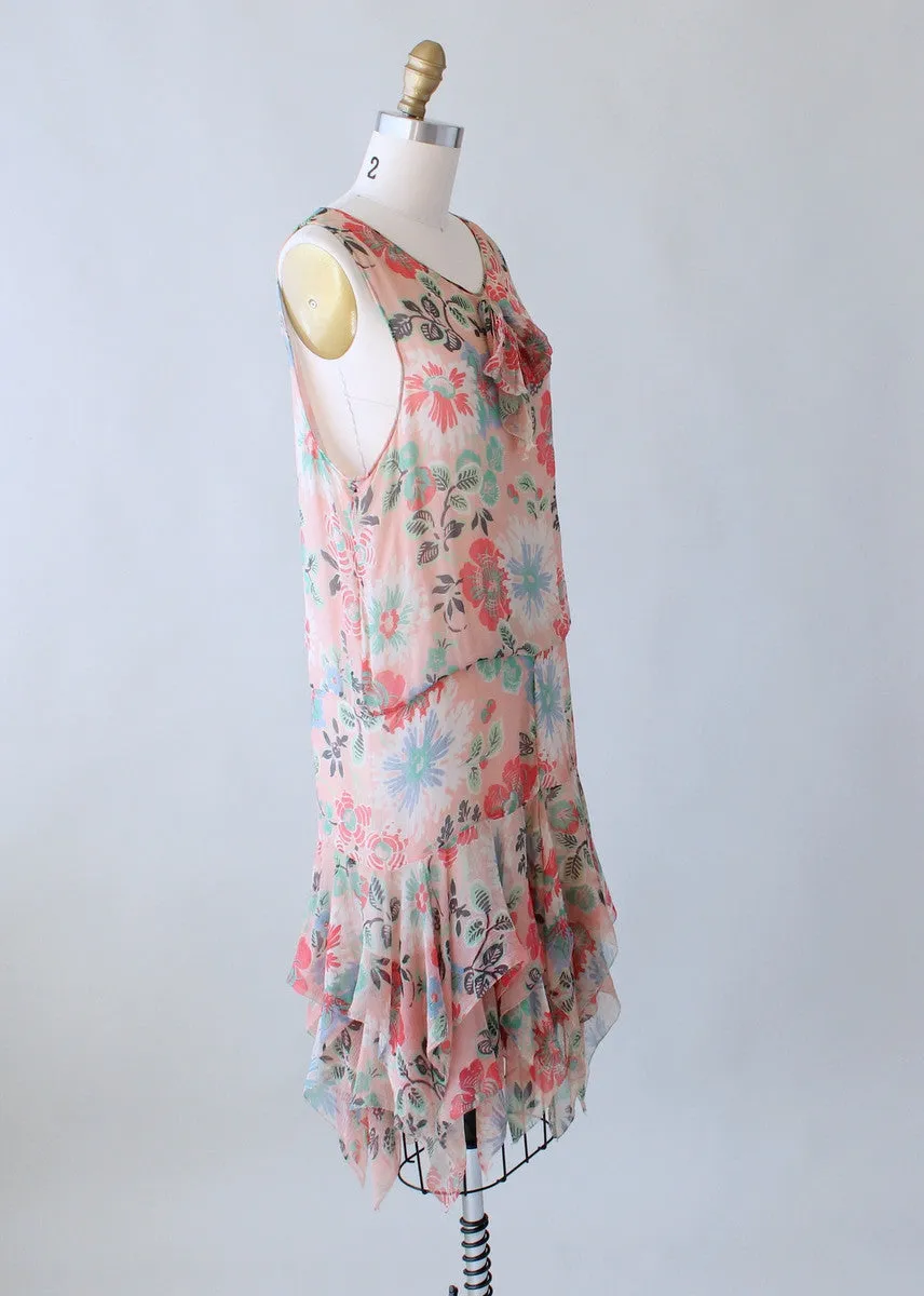 Vintage 1920s Pink Floral Flapper Dress with Handkerchief Hem