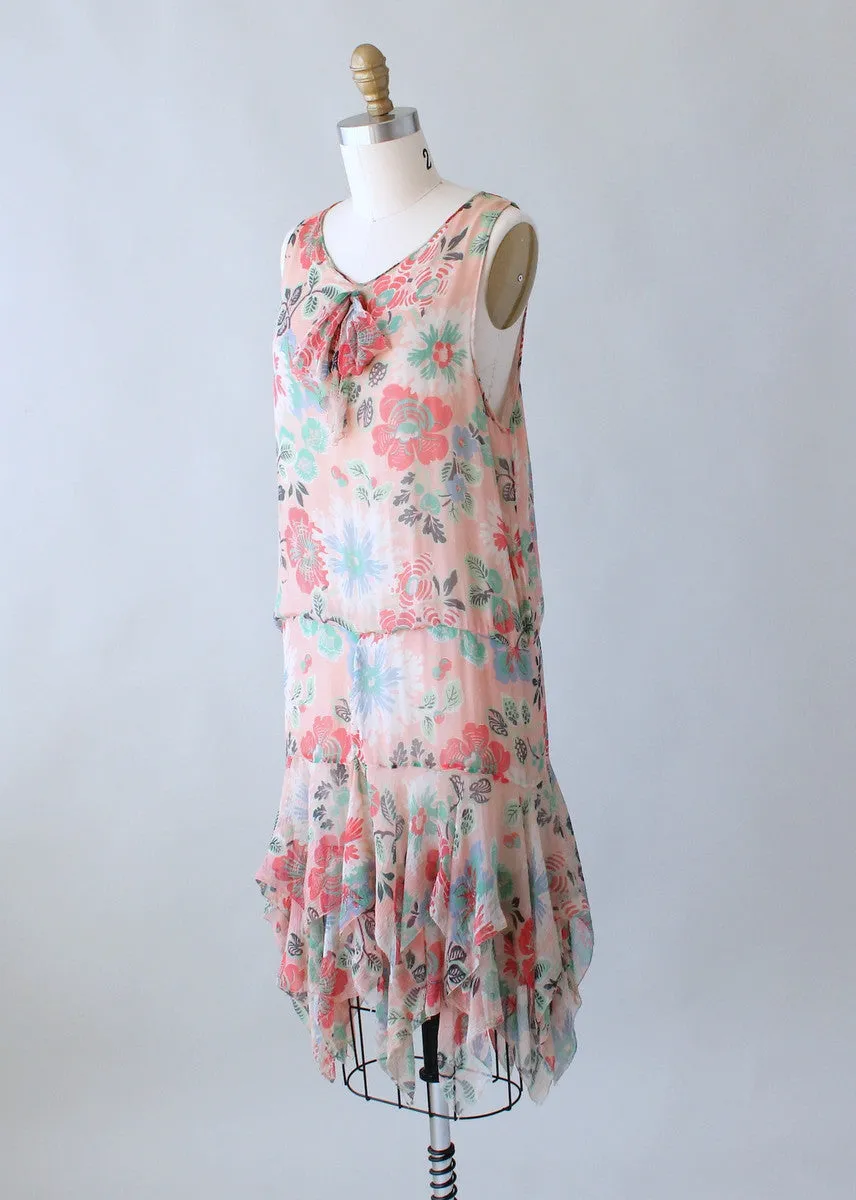 Vintage 1920s Pink Floral Flapper Dress with Handkerchief Hem