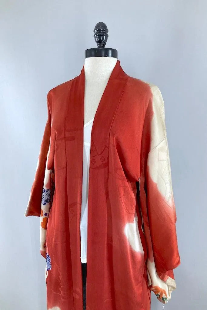 Vintage 1930s Red & Blue Silk Kimono Cardigan