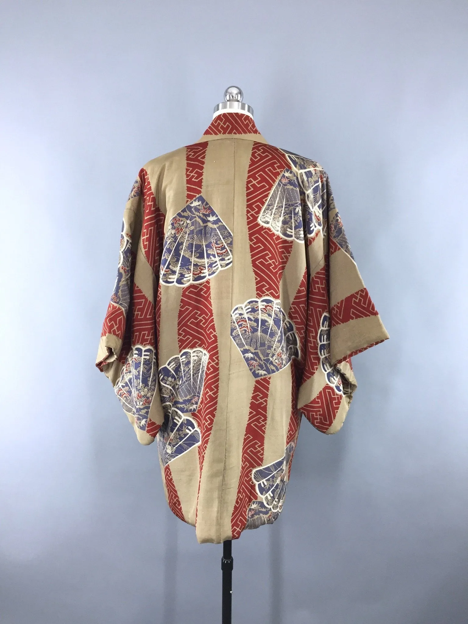 Vintage 1930s Silk Haori Kimono Cardigan / Brown Blue Fan Print